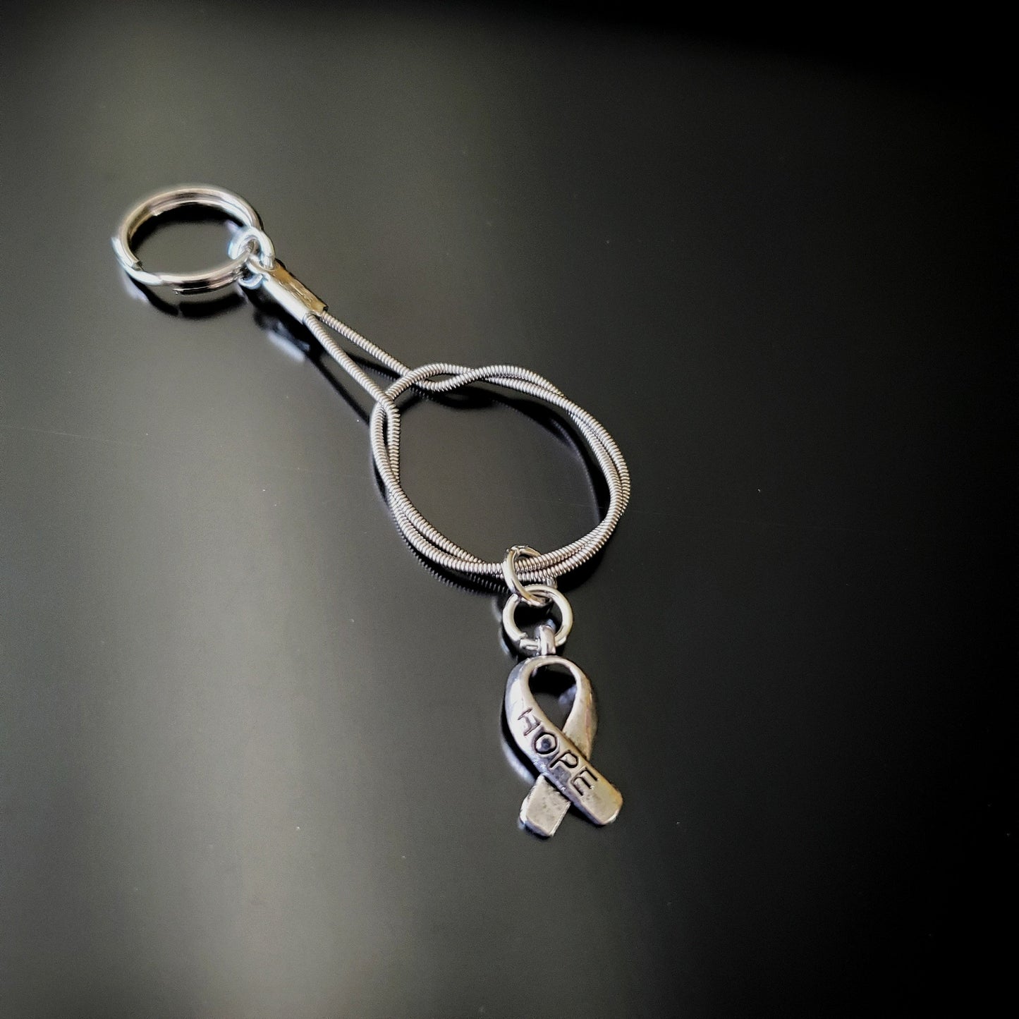 Hope Ribbon Charm Guitar String Keychain
