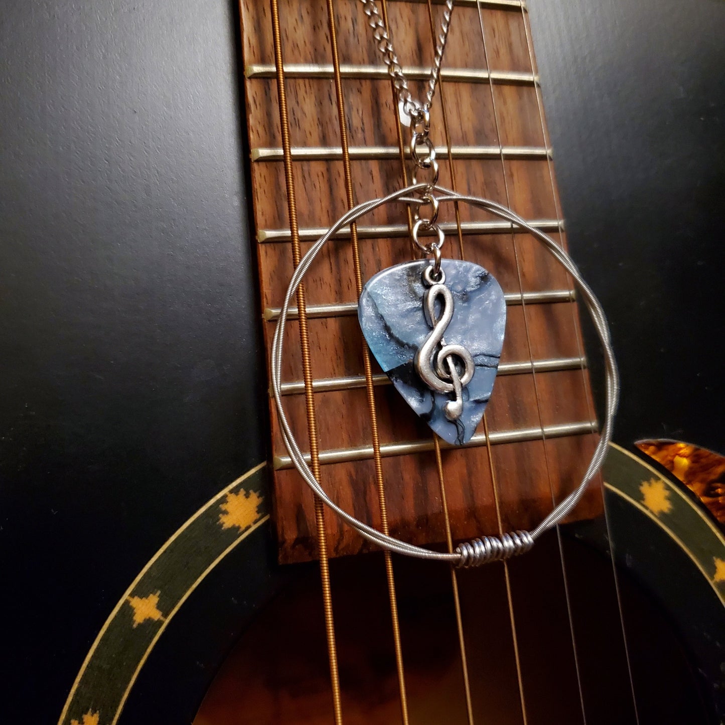Blue & Grey Guitar Pick and Upcycled Guitar String Necklace