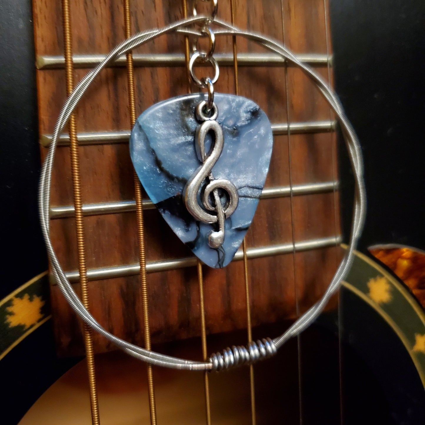 Blue & Grey Guitar Pick and Upcycled Guitar String Necklace