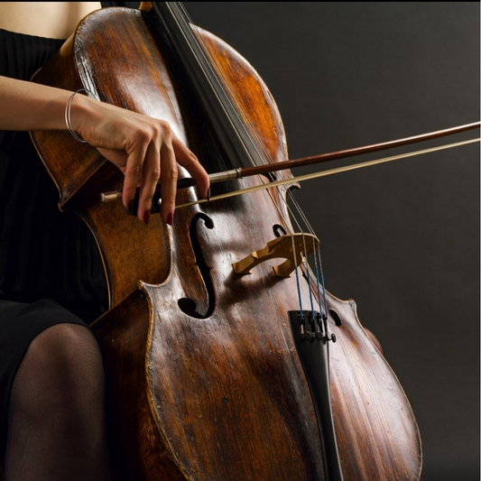 arm torso and leg of a woman who is playing a cello - on her wrist she is wearing a bracelet made from an upcycled cello string