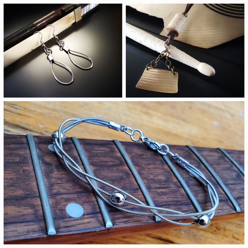 Three images - earrings, a necklace and a bracelet each sitting on part of the instrument from which they were upcycled : violin, drumstick/cymbal and guitar
