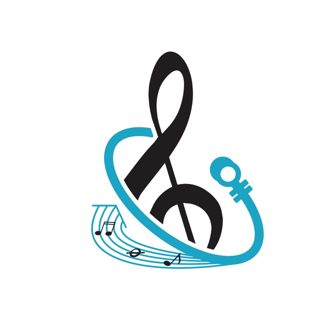 a black treble clef around which is an image of a blue guitar string and arrow with some lines and black notes on it.