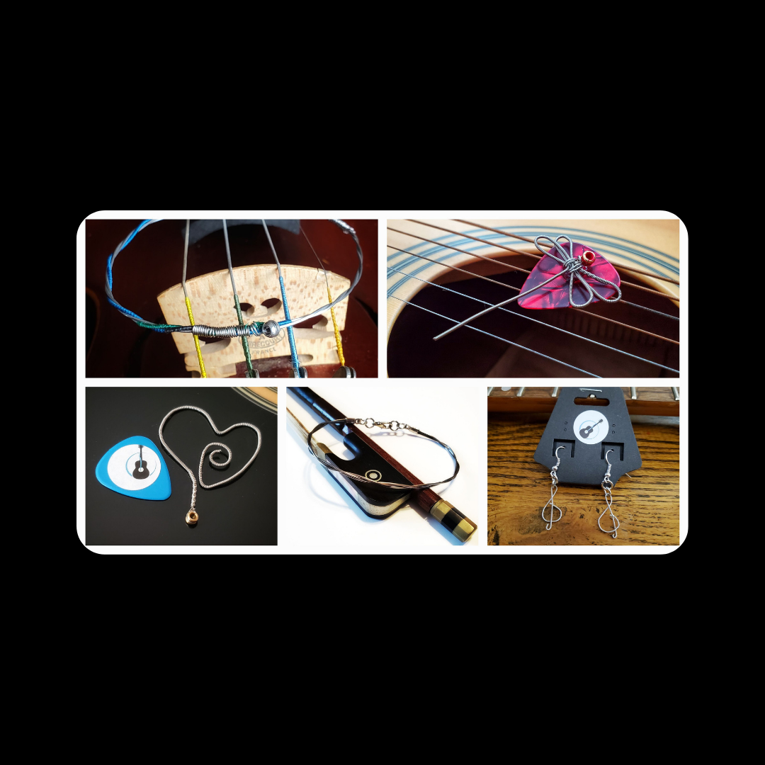 Various creations made from musical instrument strings, placed on the instruments they come from.