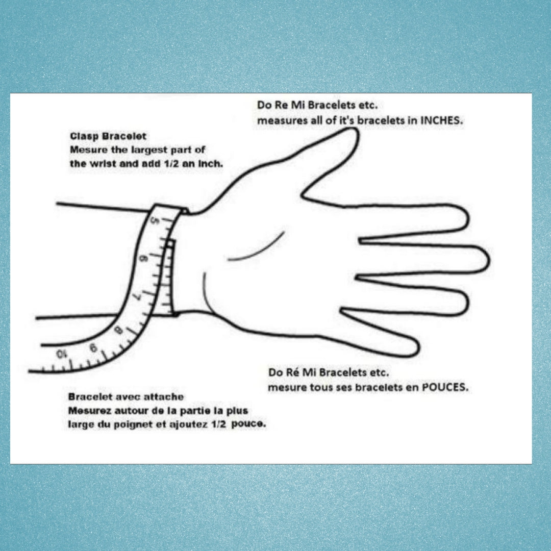 black outline of a hand and wrist with a tape measure around the wrist on a white background. Black words in french and english are also written (instructions for how to measure)