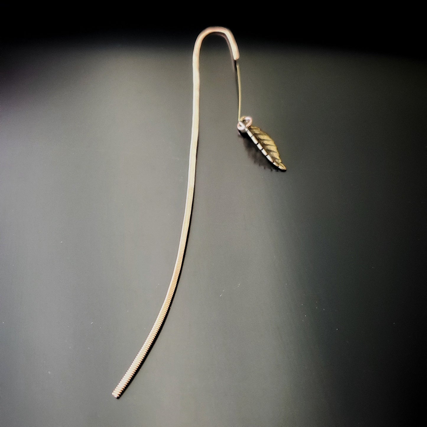 Hook Style Hammered Guitar String Bookmark with Large Leaf Charm