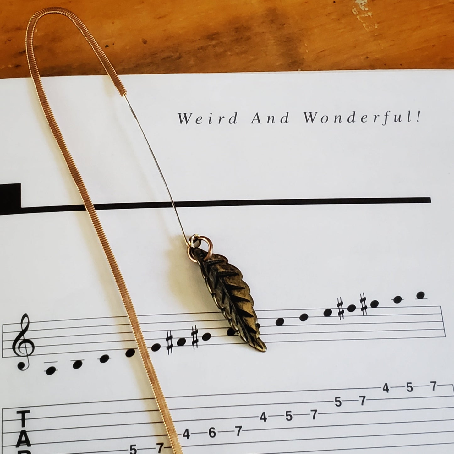 hook style bookmark made from an upcycled guitar string and a leaf shaped charm on a page of a book - Weird and Wonderful! is written in black on a white background, notes and guitar tabs are also on the page