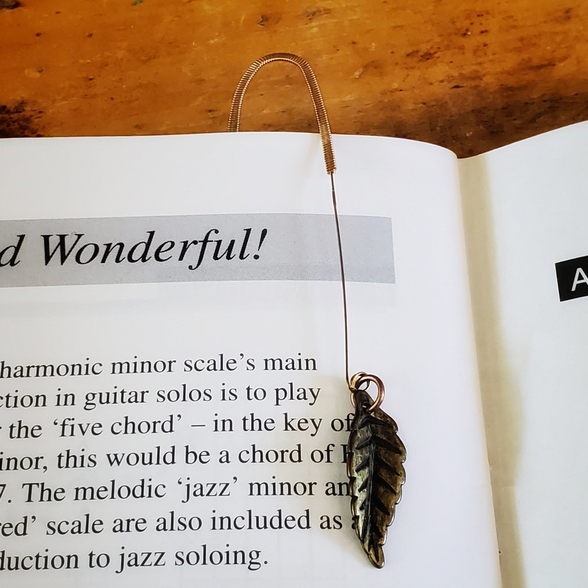 hook style bookmark made from an upcycled guitar string and a leaf shaped charm hanging from the top of a book - black words on a white background