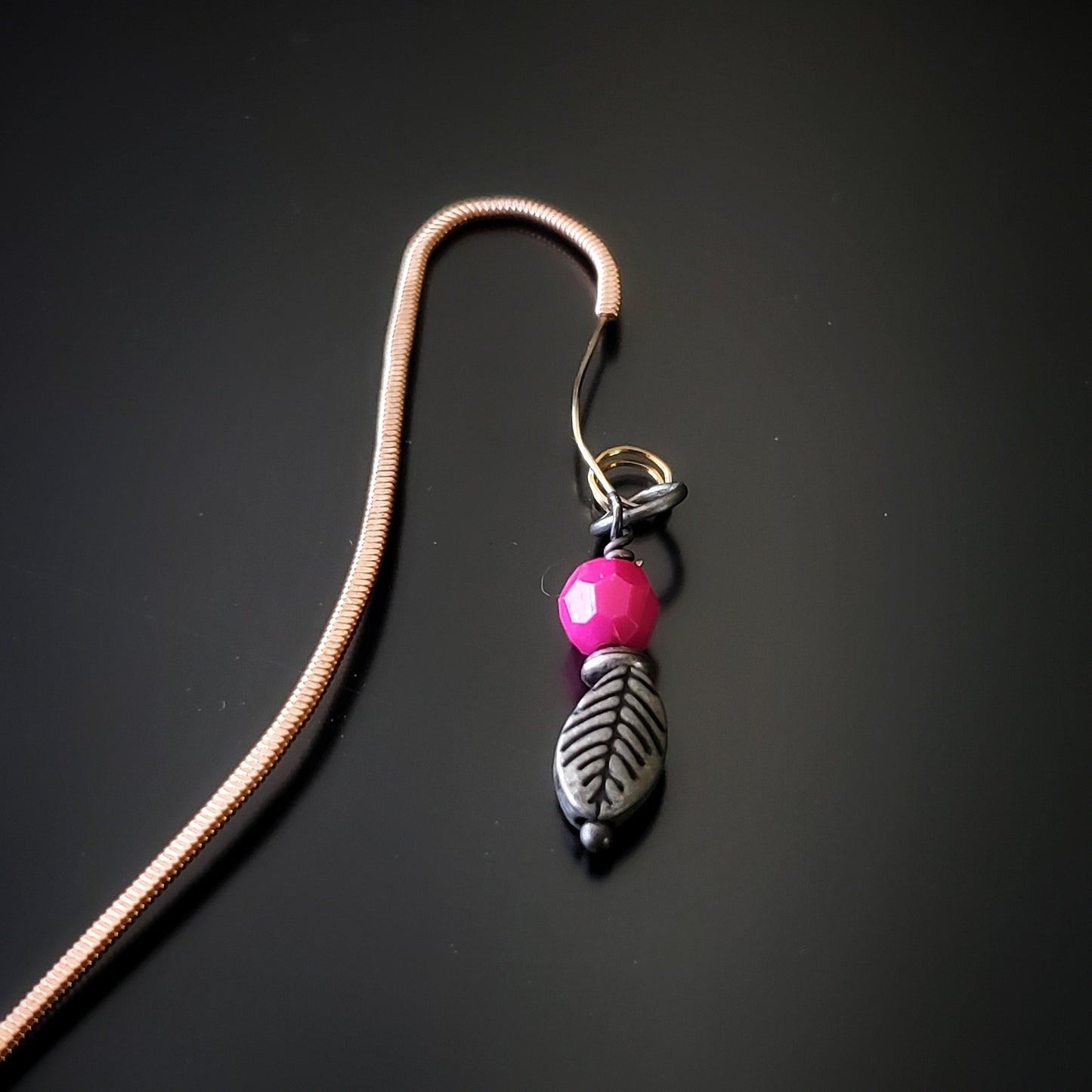 Hook Style Hammered Guitar String Bookmark with Pink Leaf Charm