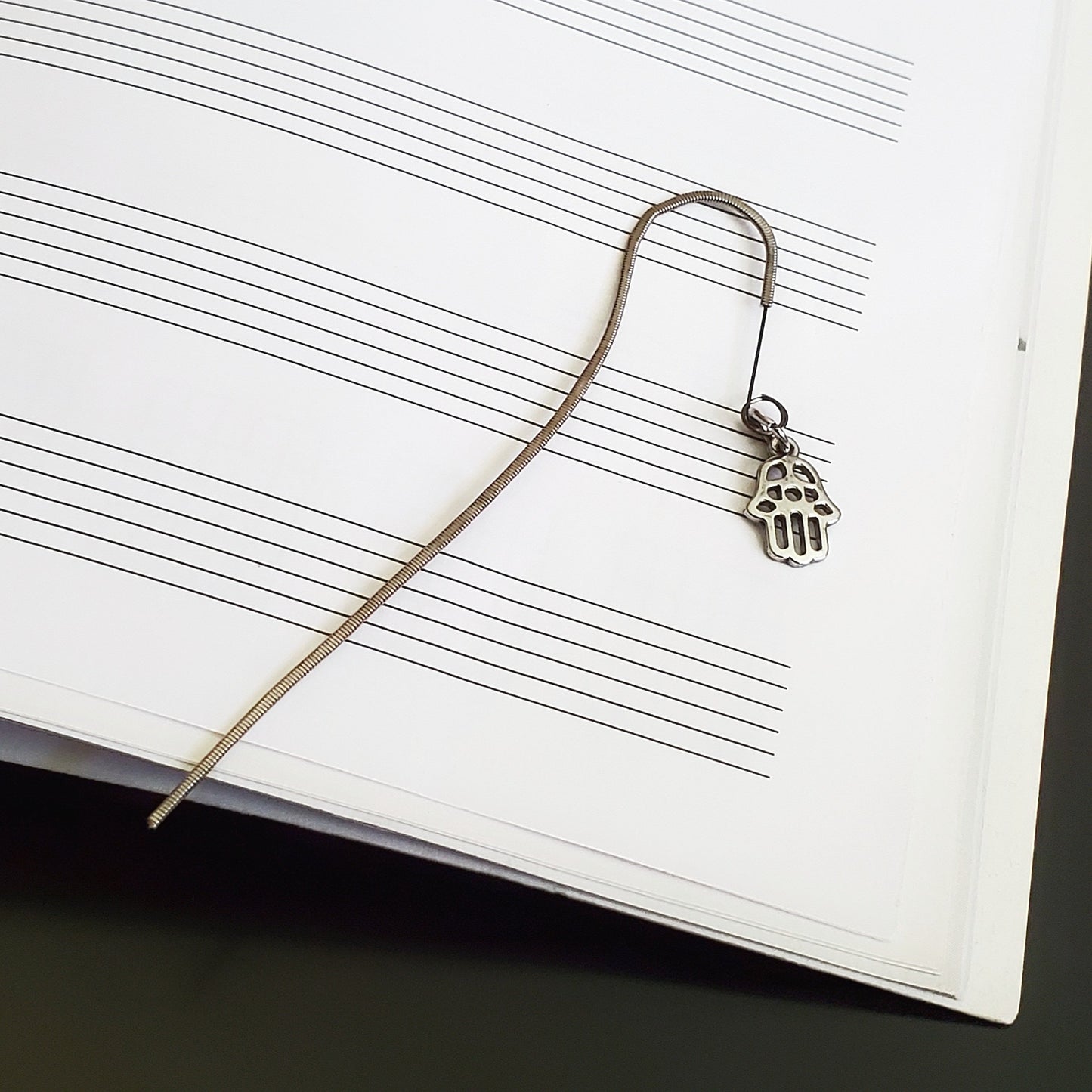Hook Style Hammered Guitar String Bookmark with Hamsa Charm