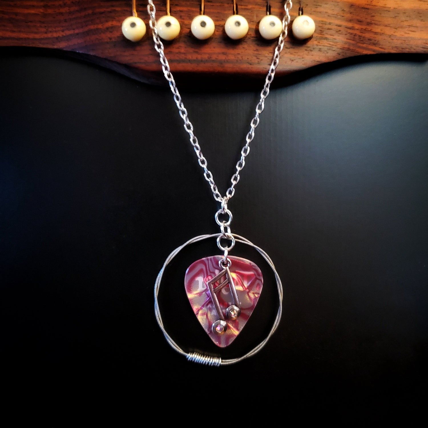 Red Swirl Guitar Pick and Upcycled Guitar String Necklace