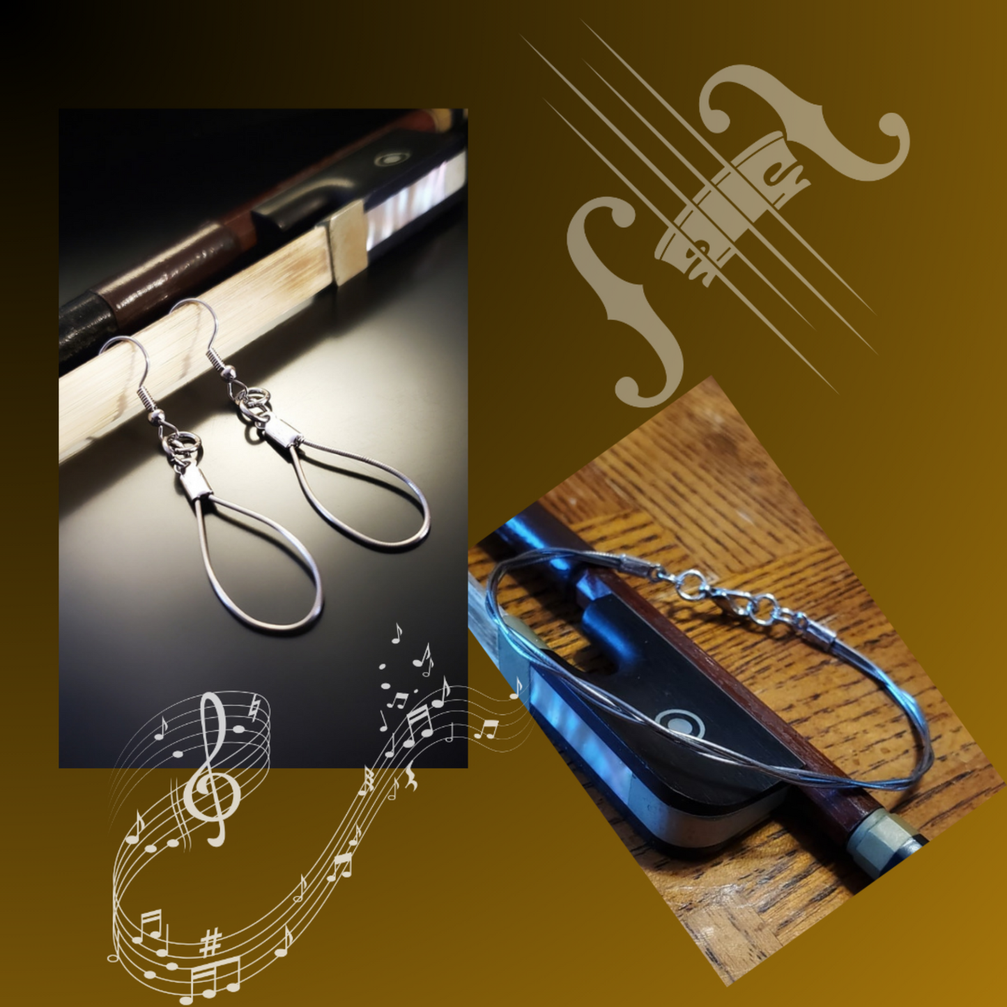 two images one of a pair of teardrop style earring made from violin strings hanging off a bow, the other of a bracelet made from upcycled violin strings lying on a bow - images of music notes and a violin bridge- gold and brown background