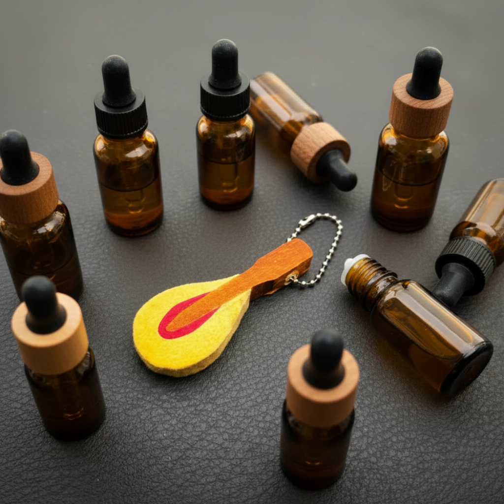 Image of an Upcycled Piano Hammer Diffuser with Bottles of Essential Oils