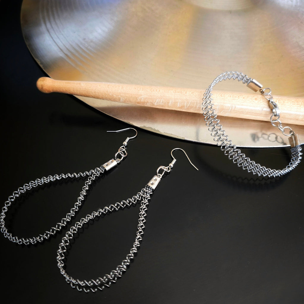 Snare Drum String Bracelet and Earrings Jewelry Set with Drumstick and Cymbal