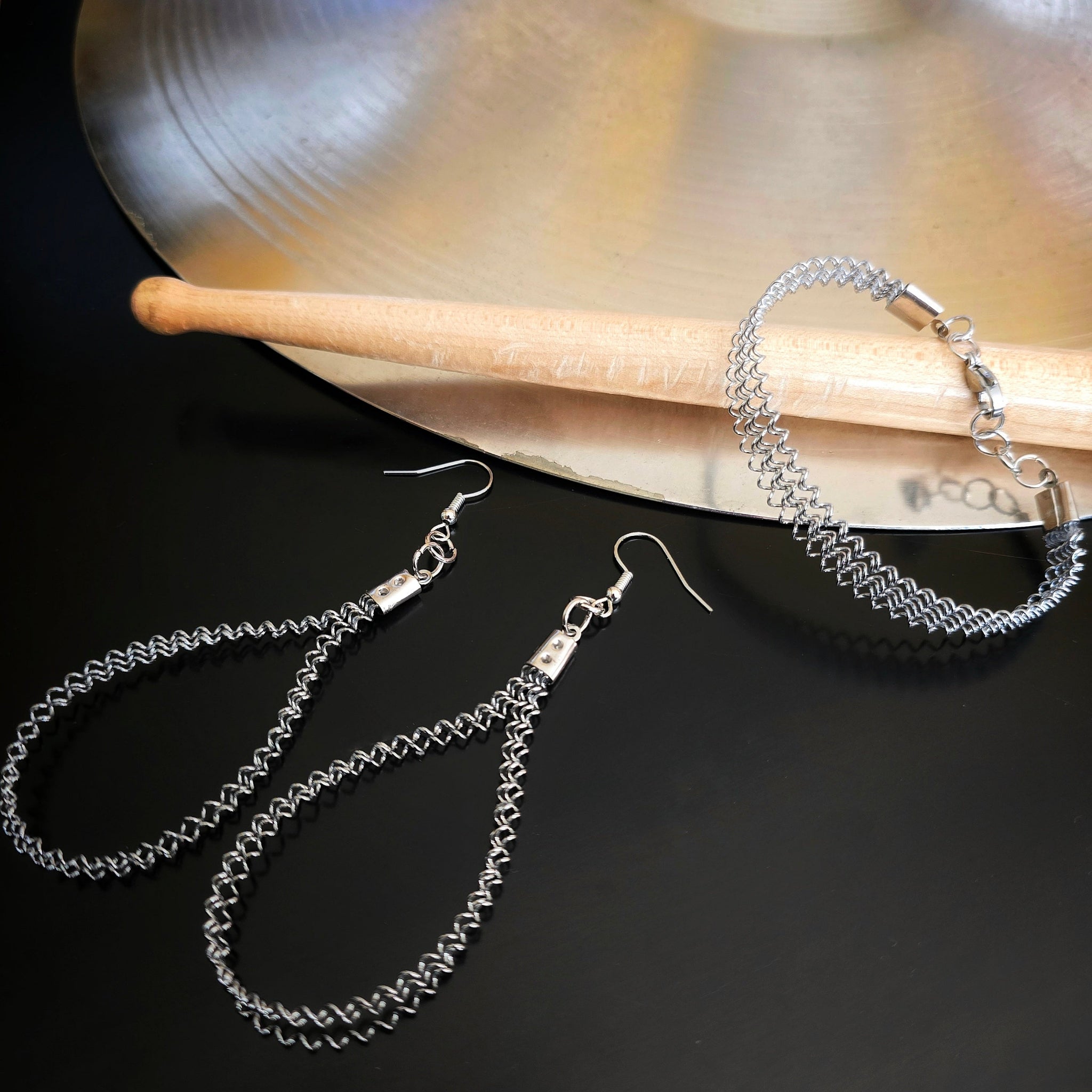 Snare Drum String Bracelet and Earrings Jewelry Set with Drumstick and Cymbal