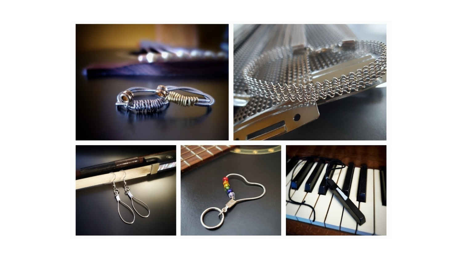 Image of jewelry and a bookmark made from musical instrument strings or parts displayed with their respective instruments