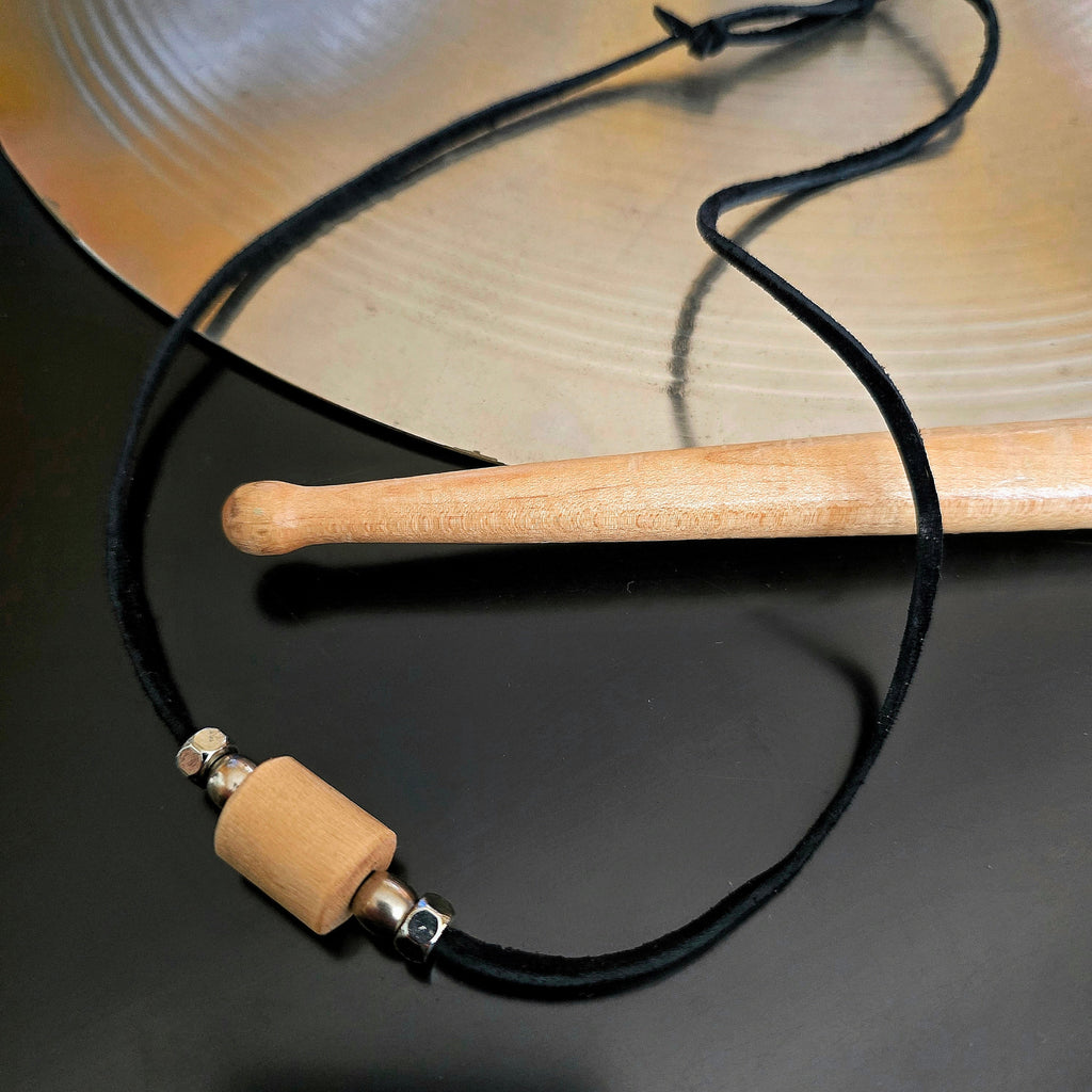 Upcycled Drumstick and Black Suede Necklace With Smooth Beads Drumstick and Cymbal