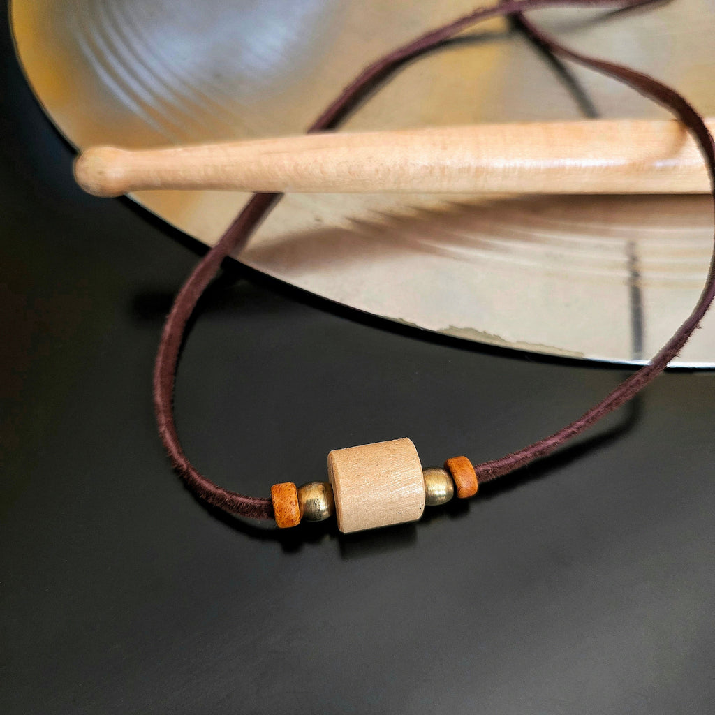 Upcycled Drumstick and Brown Suede Necklace With Beads Drumstick and Cymbal