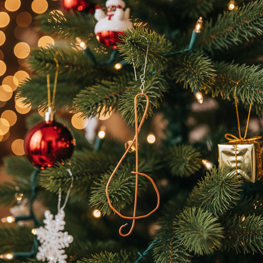 Upcycled Piano String Treble Clef Ornament in a tree