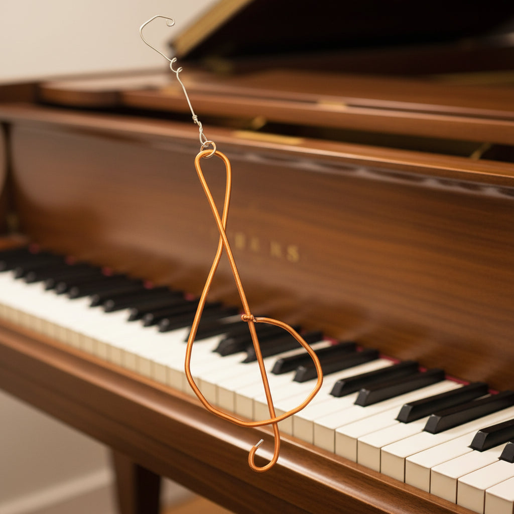 Upcycled Piano String Treble Clef Ornament with Piano in  Background