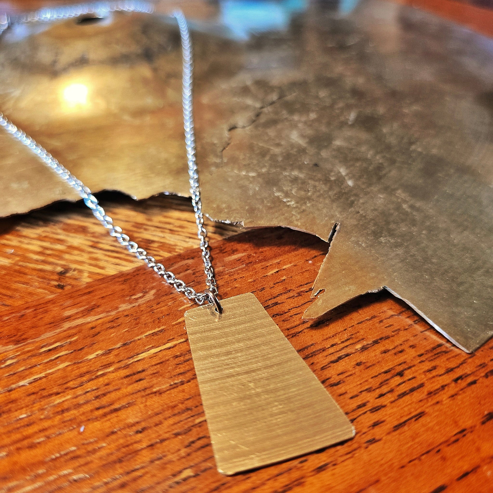 Upcycled Rectangle Cymbal Piece Necklace with Broken Cymbal