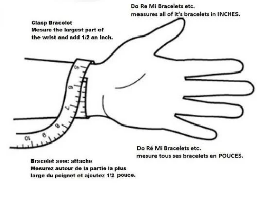 black outline of a hand and wrist with a tape measure around the wrist on a white background. Black words in french and english are also written (instructions for how to measure)