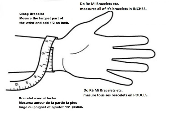 black outline of a hand and wrist with a tape measure around the wrist on a white background. Black words in french and english are also written (instructions for how to measure)