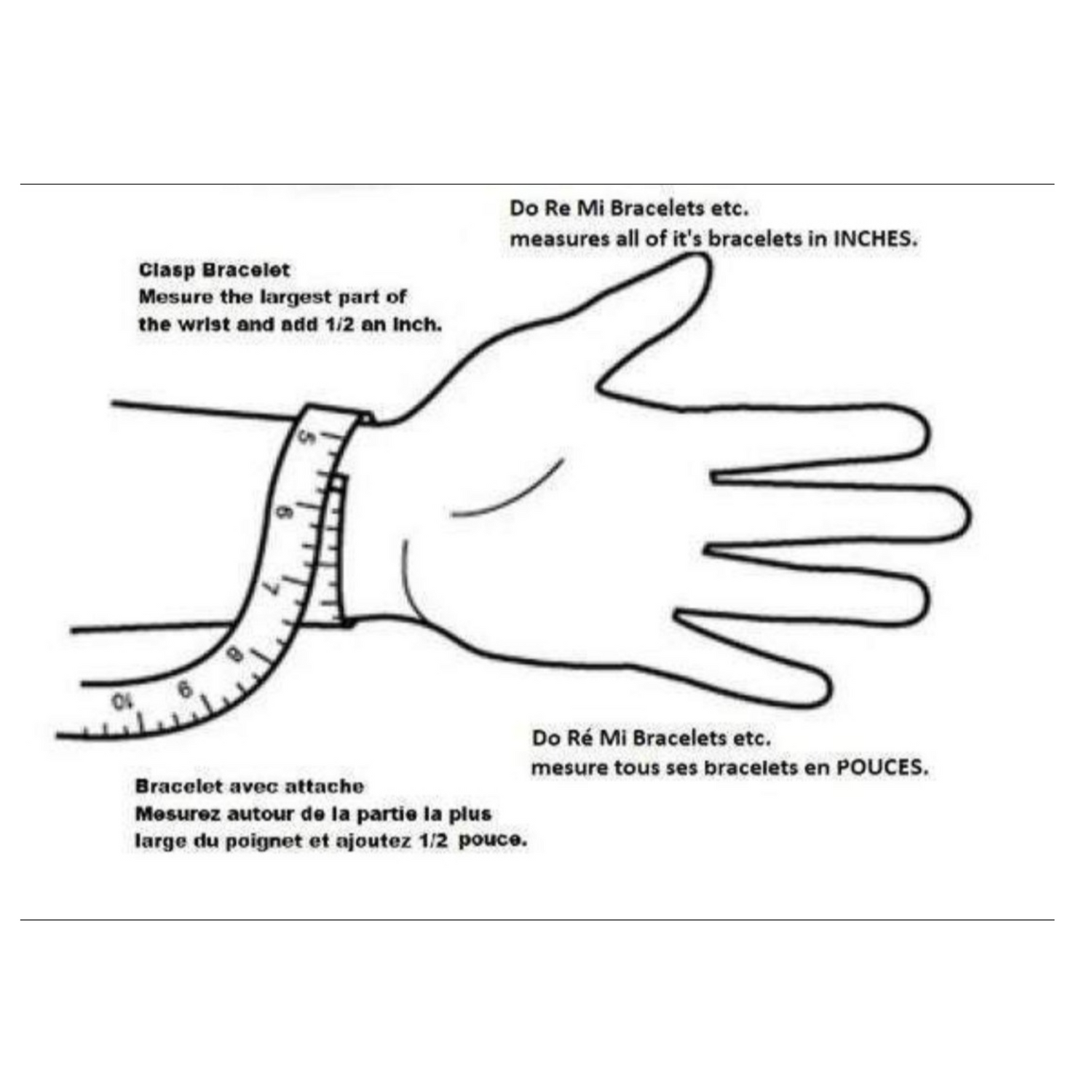black outline of hand with measuring tape around the wrist - black words with instructions on how to measure your wrist on white background