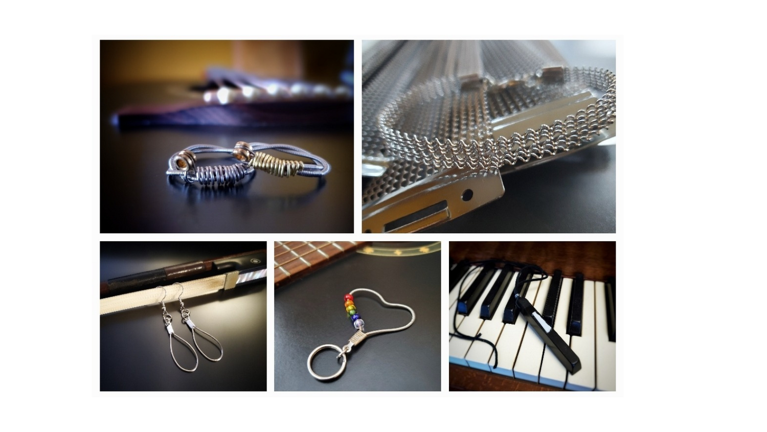 Five images - rings, a bracelet, earrings a keychain and a necklace laying on the instrument from which they were made -guitar, snare drum, violin, guitar and piano