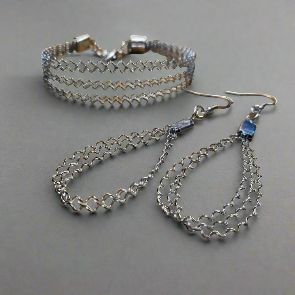 bracelet and earring set made from upcycled snare drum strings