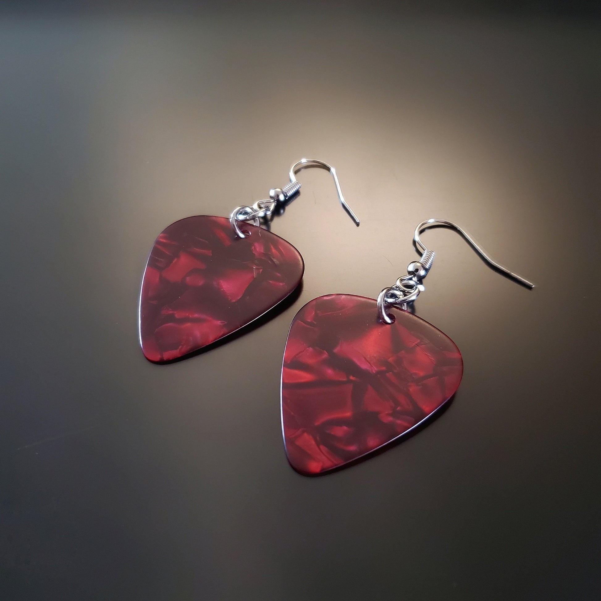 earrings made from red guitar picks