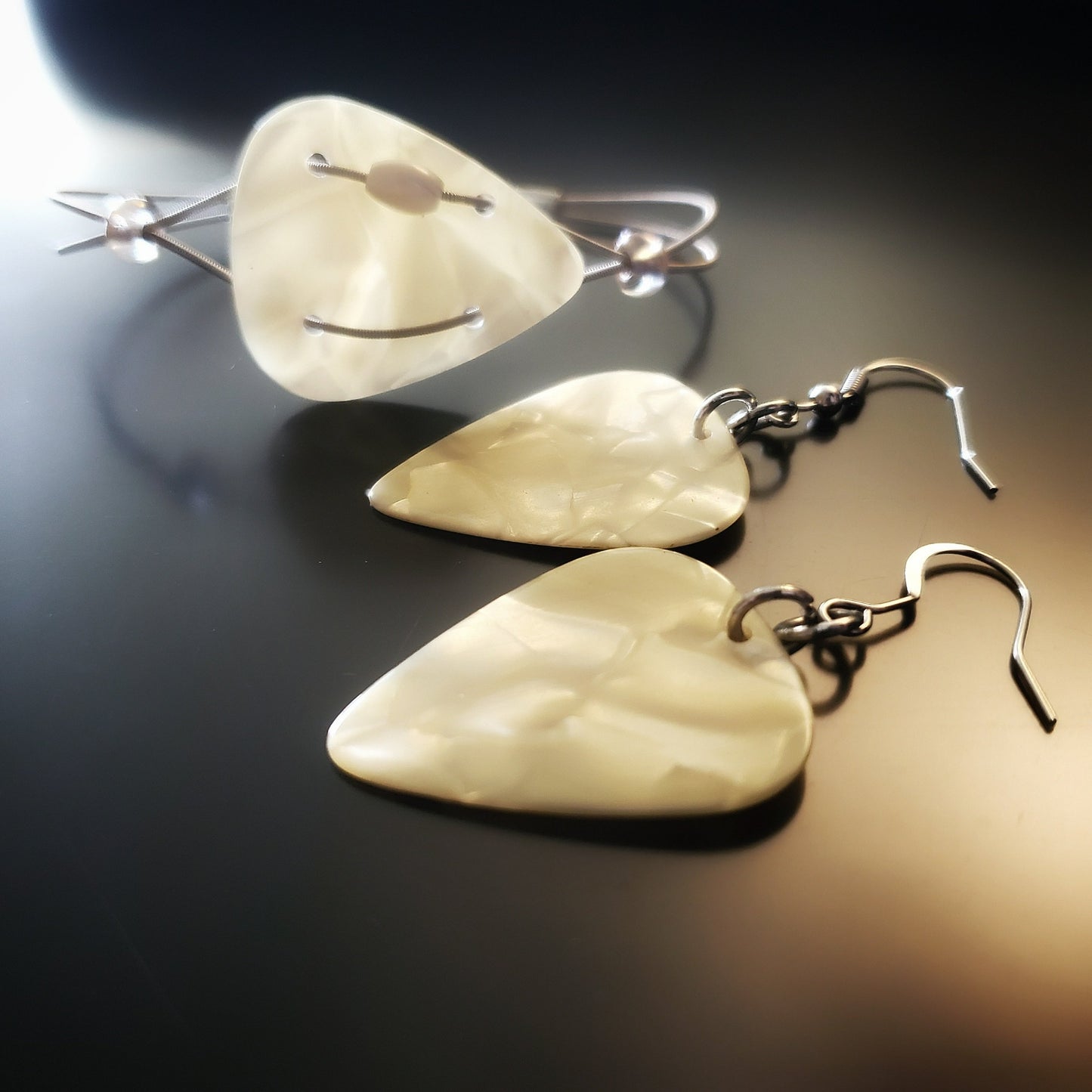 Pearly Off-White Guitar Pick and Guitar String Jewelry Set