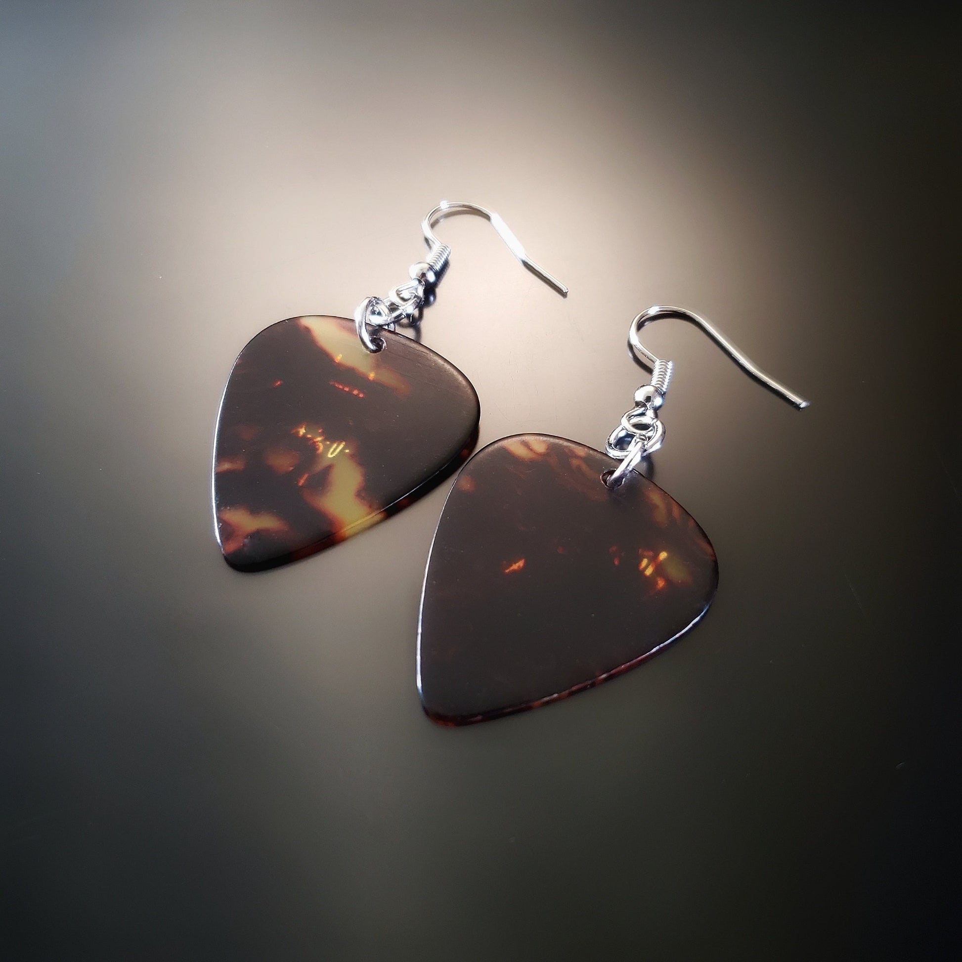 earrings made from turtle shell brown guitar picks 
