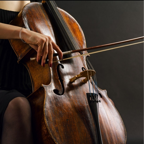 bras torse et jambe d'une femme qui joue du violoncelle - à son poignet, elle porte un bracelet fait d'une corde de violoncelle recyclée