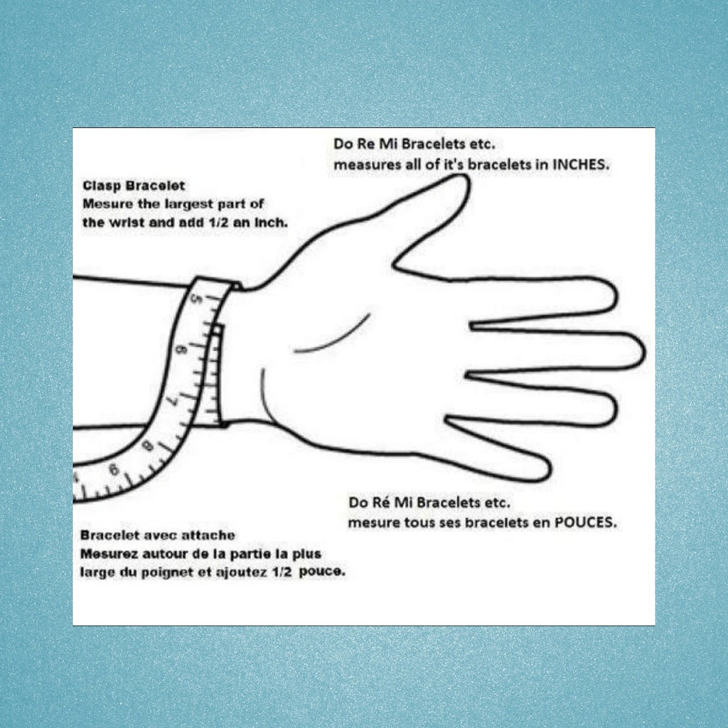 black outline of a hand and wrist with a tape measure around the wrist on a white background. Black words in french and english are also written (instructions for how to measure)