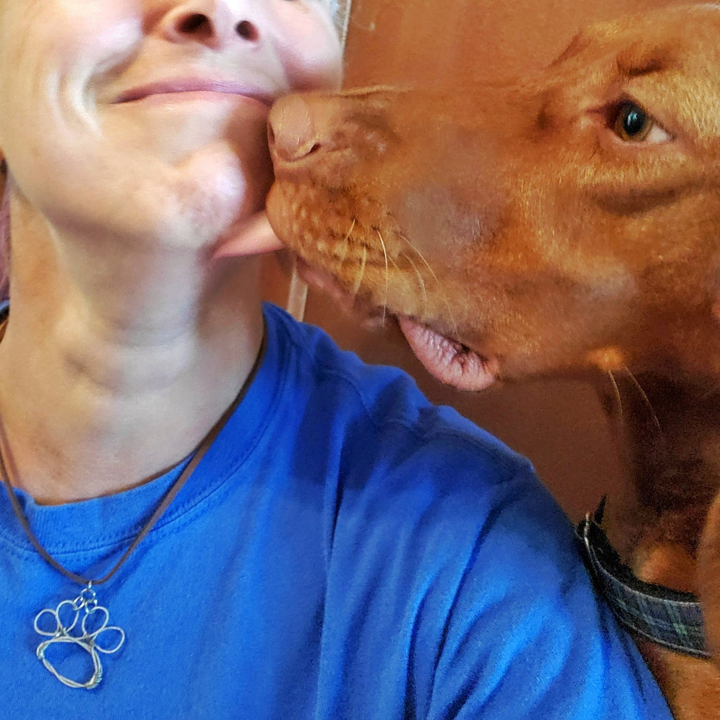 bottom of a woman's face wearing blue t-shirt and a necklace - necklace has a paw print pendant made from an upcycled guitar string - woman is being licked by a vizsla dog