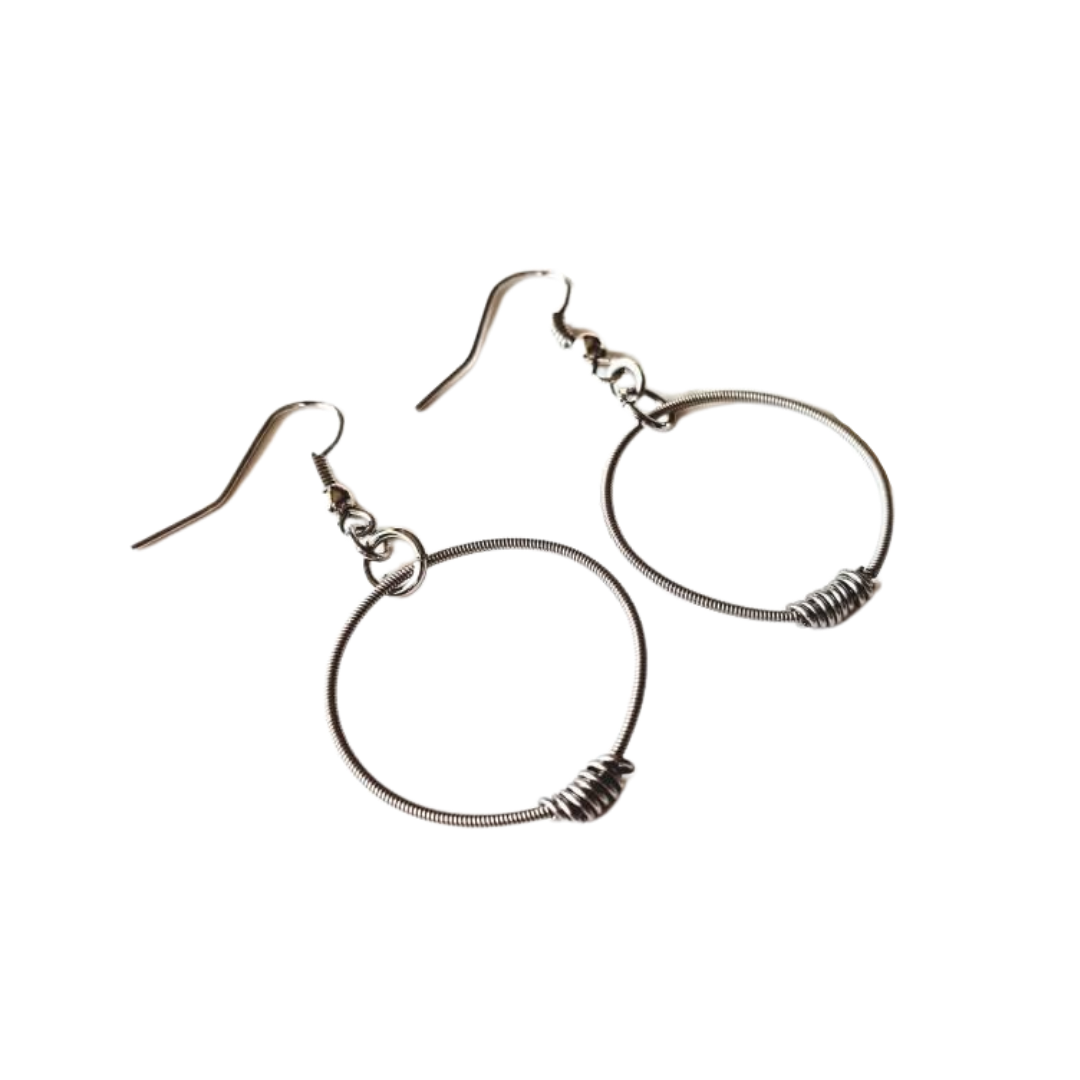small hoop style earrings made from upcycled guitar strings - white background