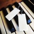 a pair of earrings made from upcycled ivory piano key toppers - the earrings sit on piano keys